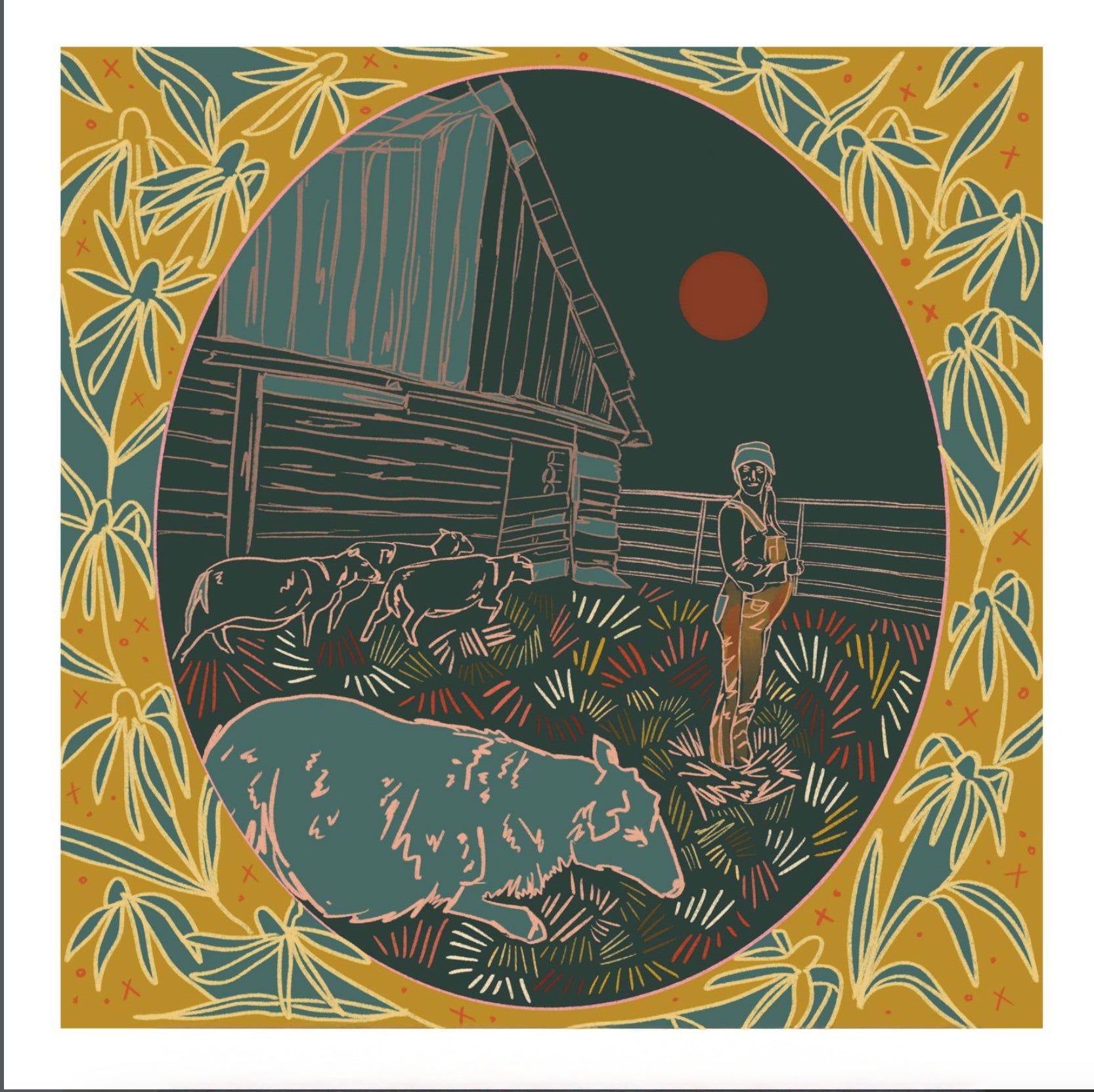 Illustration of a shepherd with sheep near a barn at sunset, surrounded by decorative border.