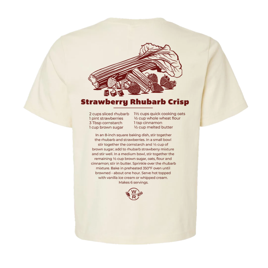 Beige t-shirt with strawberry rhubarb crisp recipe on the back
