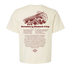 Beige t-shirt with strawberry rhubarb crisp recipe on the back