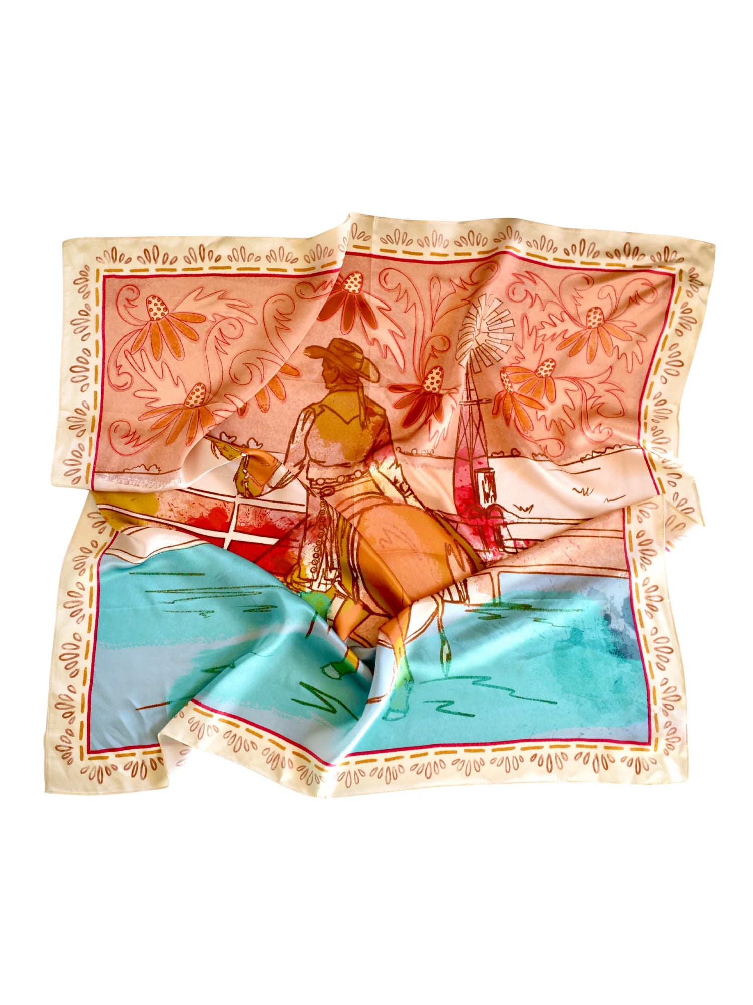 Colorful scarf with a horse and rider design on a white background