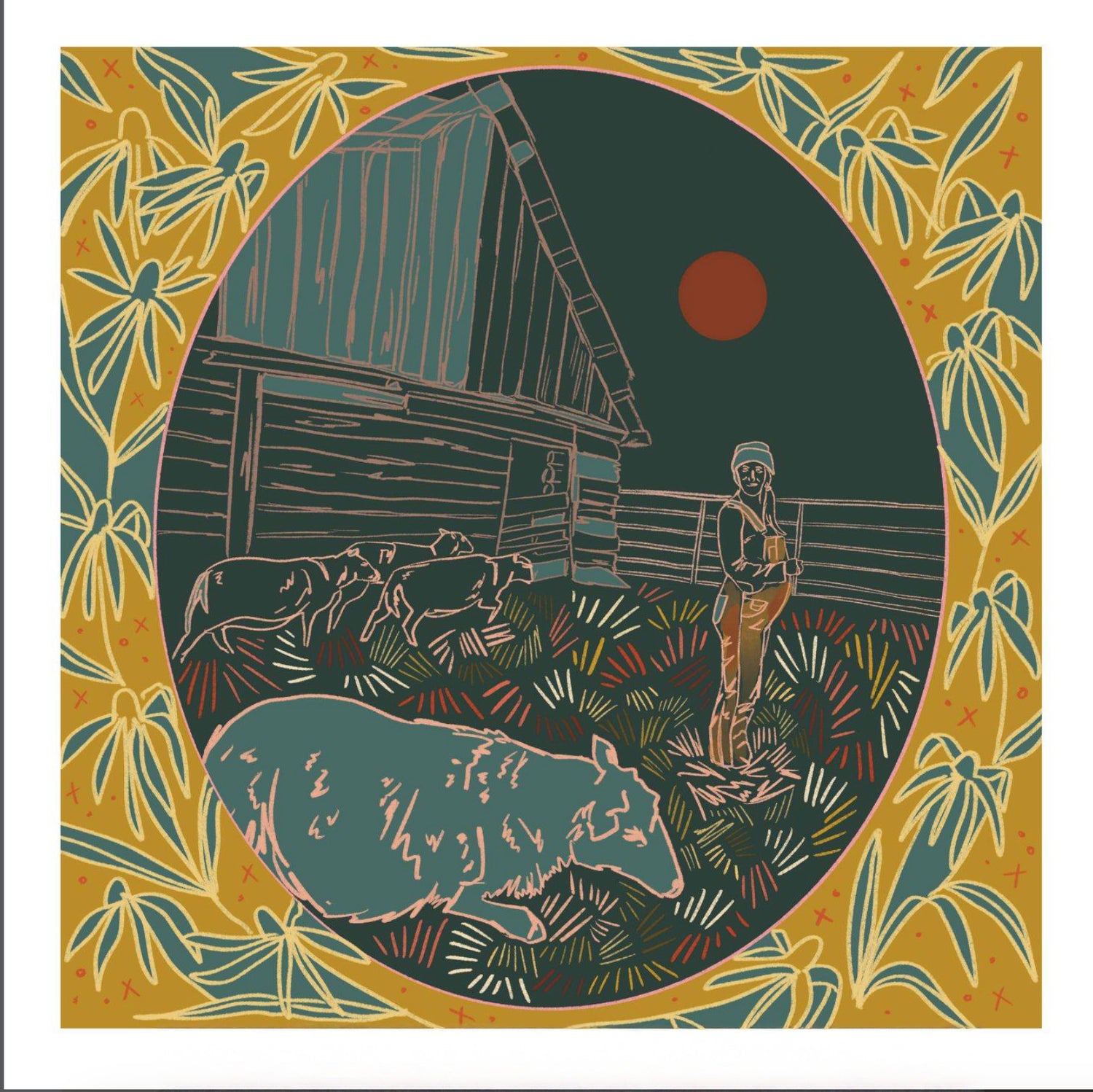 Illustration of a shepherd with sheep near a barn at sunset, surrounded by decorative border.